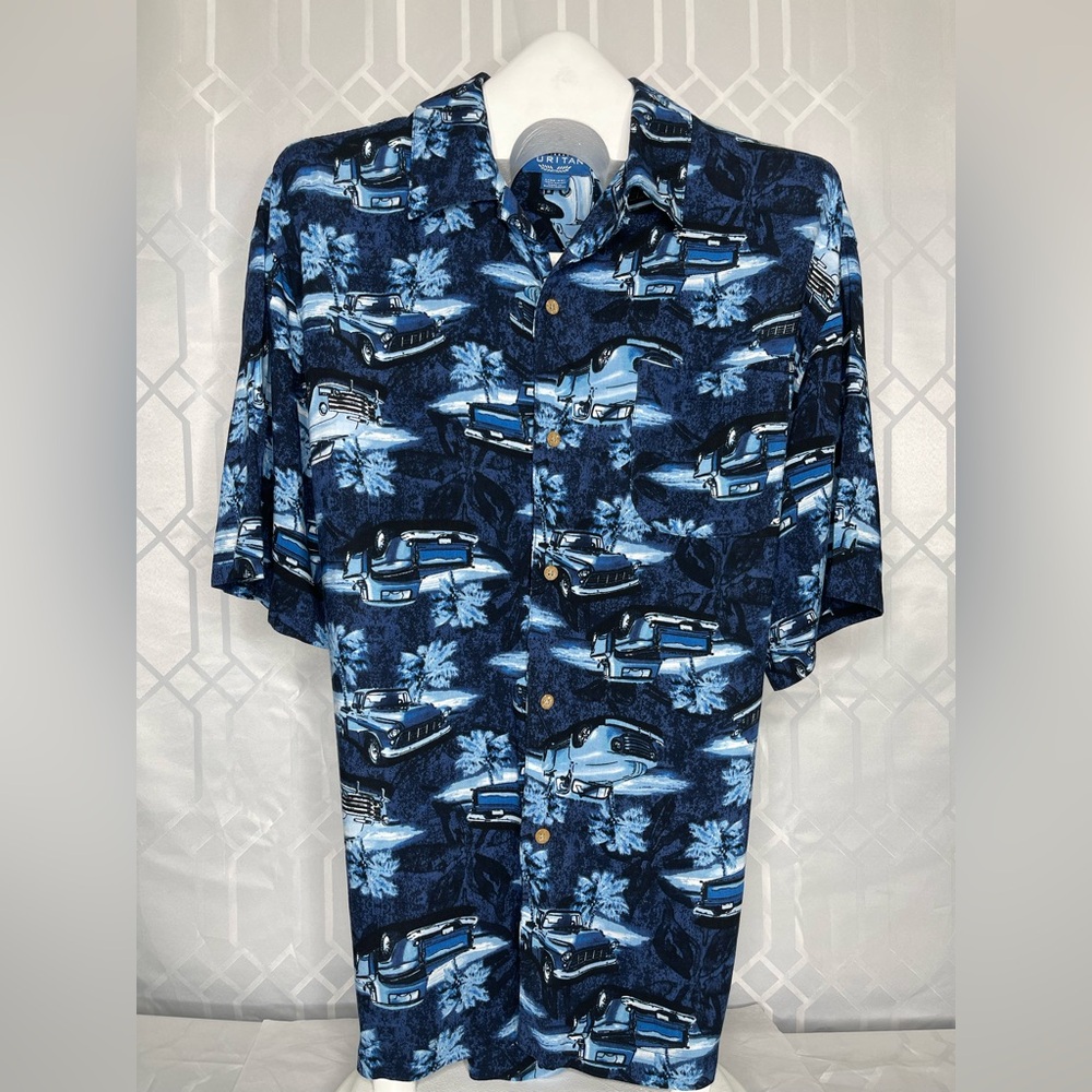 Puritan Classic Chevy Truck Print 100% Rayon Hawaiian Camp Shirt Large